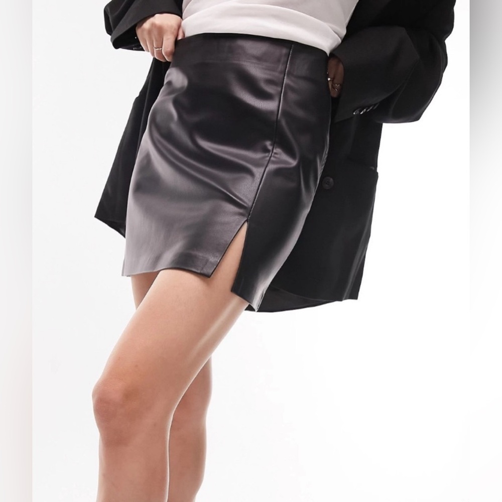 TopShop Faux Black Leather Spilt Detail Mini Skirt